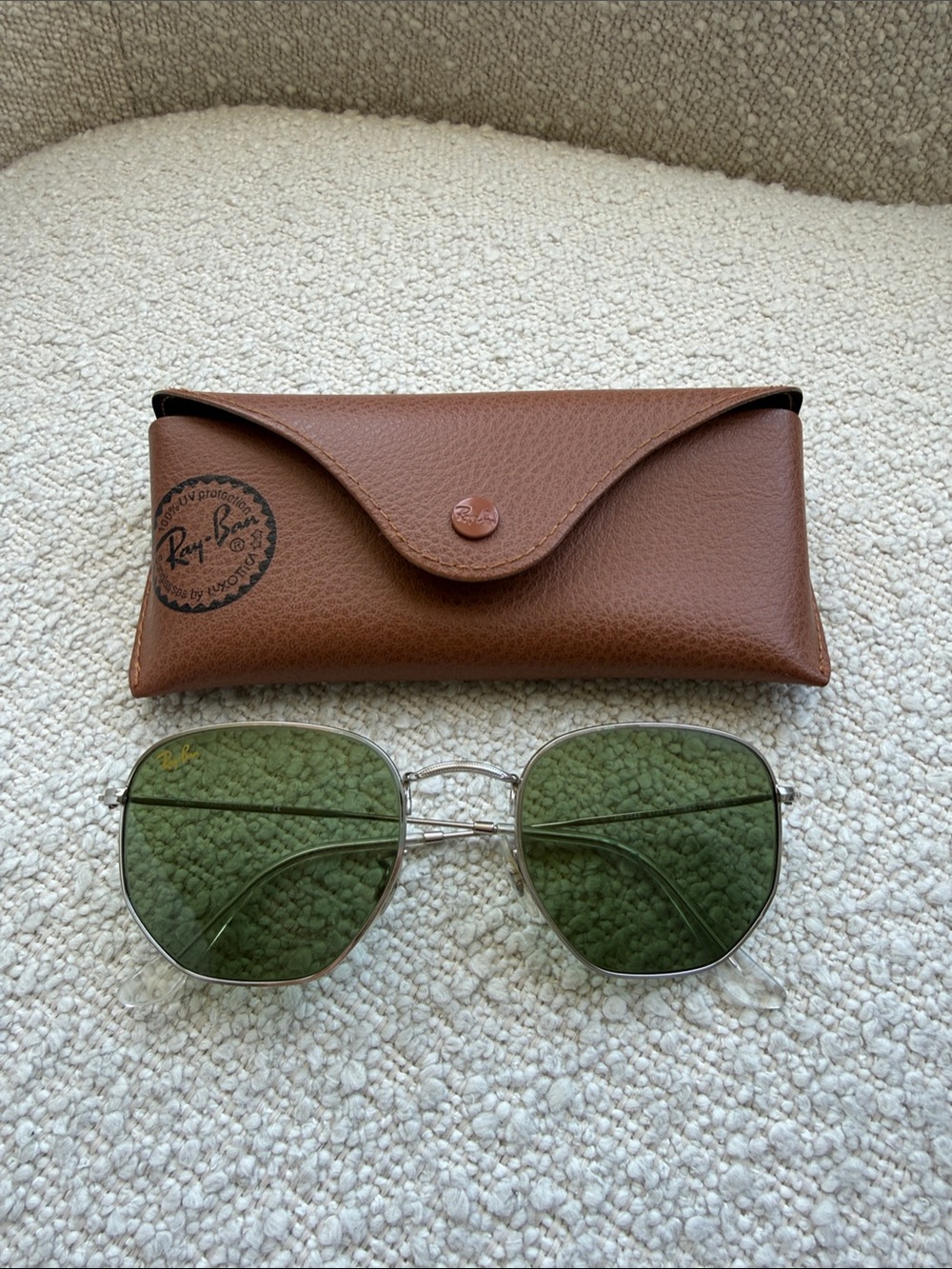 Ray-Ban Silver Frame Sunglasses with Green Lenses and Brown Case